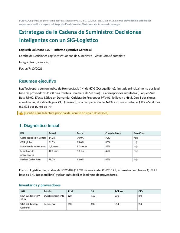 Primera página del borrador del Informe Ejecutivo en Word