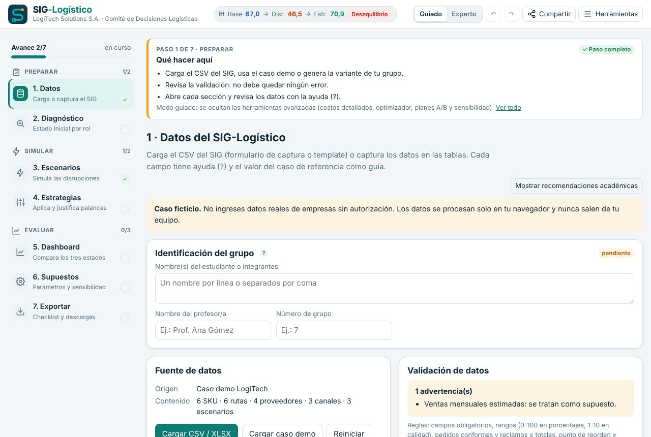 Simulador con encabezado, navegación lateral por fases y módulo Datos