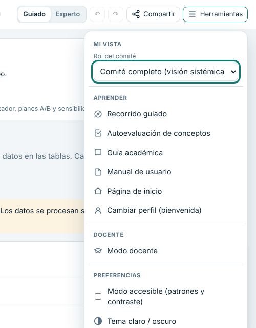 Menú Herramientas abierto